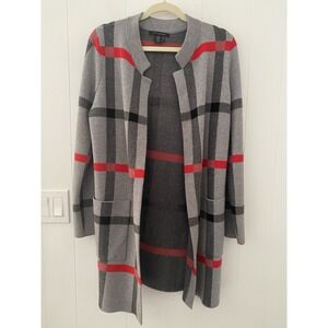 Tahari Women's Medium Plaid Windowpane Cardigan Duster Gray Red Black Soft